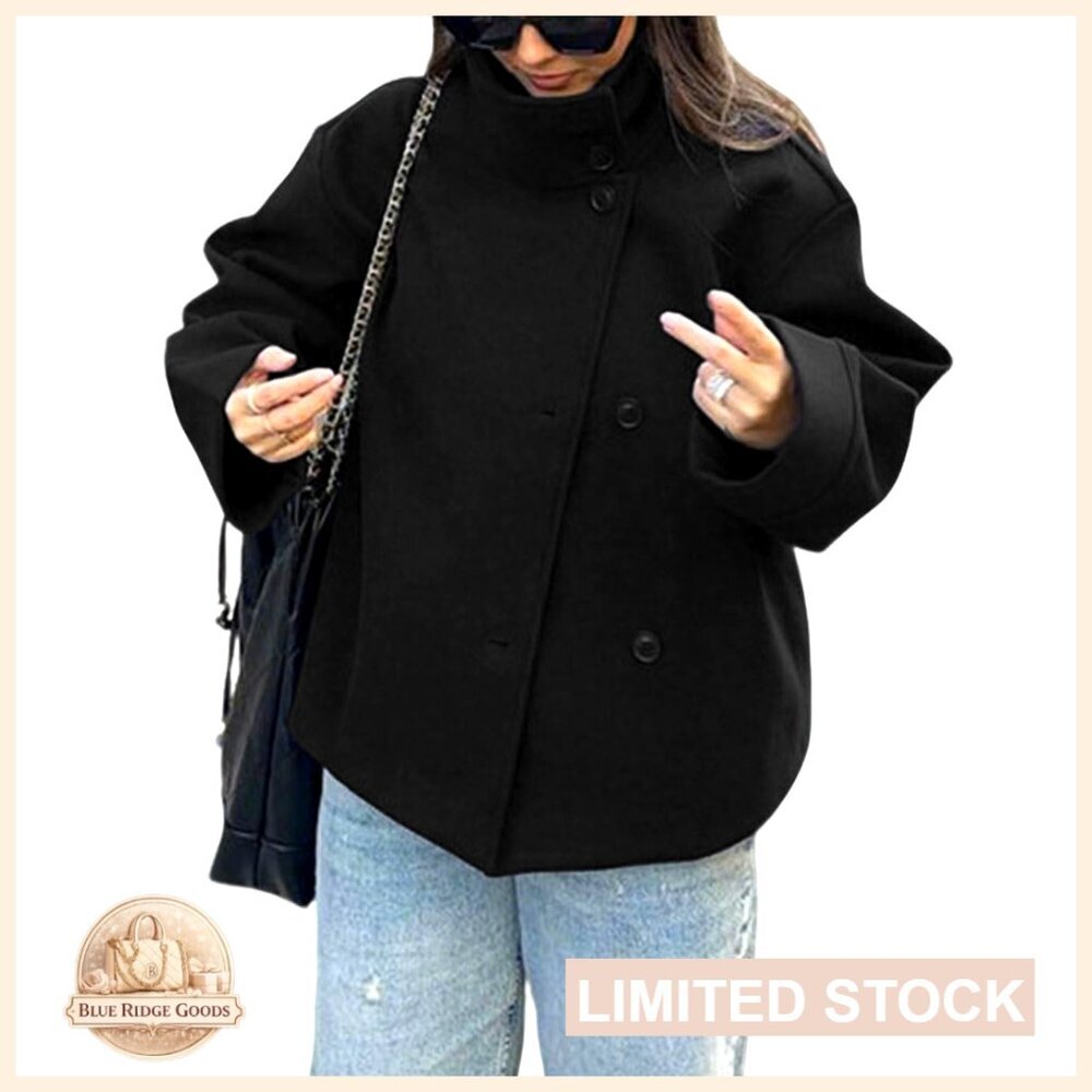 Crop Wool Blend Pea Coat Loose Fit Casual Winter Jacket